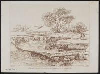 Landscape with a river passing beneath a bridge and cows drinking