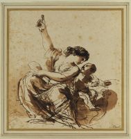 Young mother, seated and pointing, with child