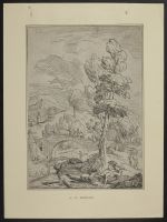 Landscape with rider crossing a bridge over a stream
