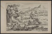 Mountain landscape with a man and two young women