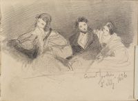 Man seated between two women in a theatre box