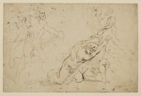 A woman attacking a kneeling figure, while a man arrives from the left (Juno's vengeance on Callisto?) 