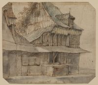 Rear view of a cottage with protective roof and attached well
