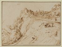 Landscape with building on top of a cliff and figures