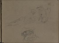 A man lying on his stomach and seated dogs / an angler [?]