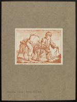 Two boys, one holding a tethered goat, the other trying to ride  it