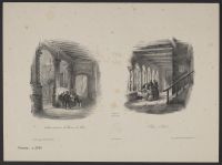 A view of the Château de Blois alongside a view of monks in a cloister