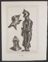 A suit of armour said to have belonged to the Duke of Monmouth, with three views of the helmet