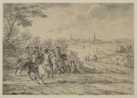 Horsemen in a landscape with walled town in background