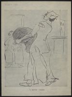 Interior with a figure carrying a large bundle and another figure sat with an infant on lap