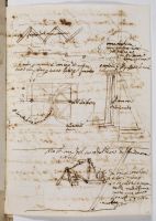 Text and four sketches of theatrical equipment concerned with the enlargement  of artificial clouds, the equipment used to enlarge the stage in  the church of S. Pantaleo, and sketch of a machina del carro (recto)