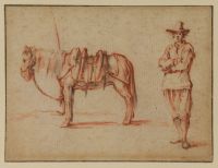 Tethered horse, and man standing by with arms folded (recto)